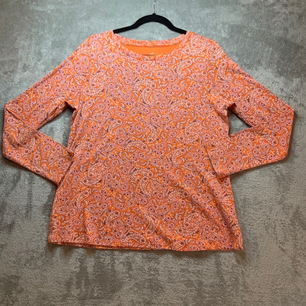J. Jill Womens Orange Paisley Pima Cotton Long Sleeve Crew Neck Tee Size M - Picture 4 of 8